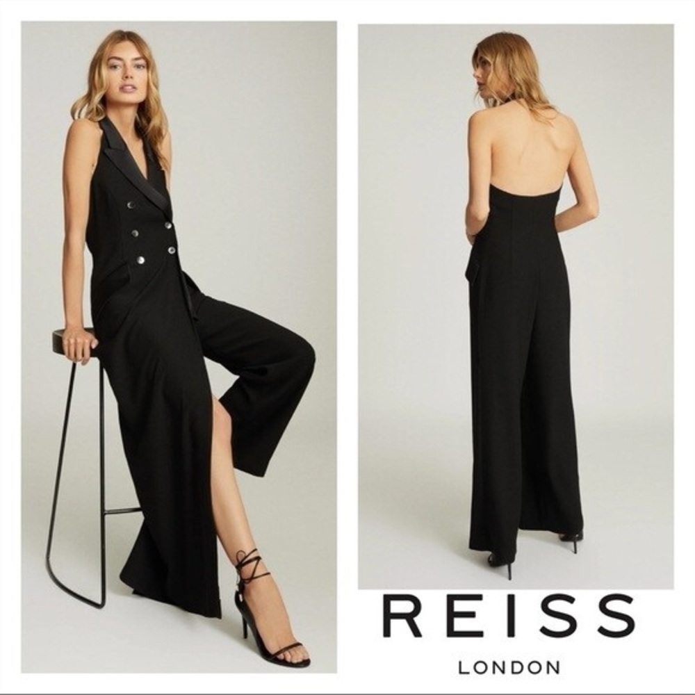 Reiss NWT Annie Chic Black Tuxedo Split Leg Halter Satin Lapel Jumpsuit (Size 4)